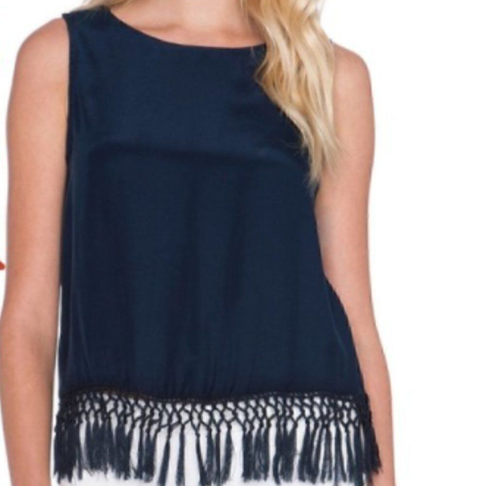 Amour Vert navy blue silk top with black fringes